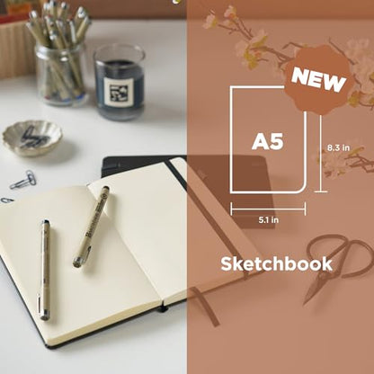 SAKURA A5 Sketchbook & Pigma Micron Bundle, 3-Pack Fineliner Pen Set | Japanese-Inspired Stationery Bundle, A5 Sketchbook, 140 GSM Paper, Artist Gift Set, For Illustration Work