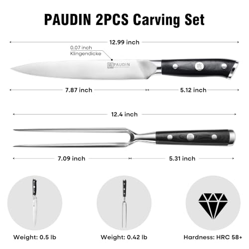 PAUDIN Carving Knife Set, 8 inch German High Carbon Stainless Steel Meat Slicing Knife with 7 inch Turkey Fork, Ergonomic Full Tang G10 Handle, Dishwasher Safe,BBQ Brisket Slicer,Cooking Gifts for Men - color: Carving Knife and Fork Set - 8 inch