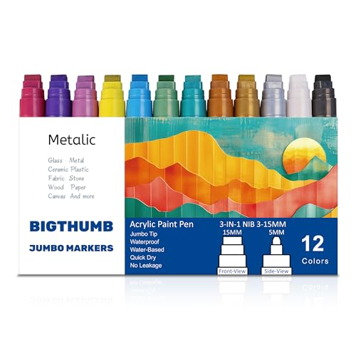 BIGTHUMB Jumbo Graffiti Poster Markers Set: 12 Metallic Colors Large 15mm Wide Tip Permanent Ink Thick Acrylic Paint Pens for Rock Painting, Stone, Glass, Wood, Ceramic, Metal, Plastic, Fabric - color: Metallic