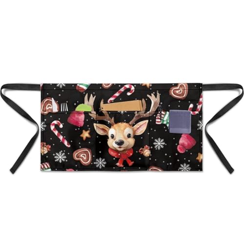Waist Apron with 3 Pockets Waterproof 13 Inch Short Half Waist Aprons Women Men Server Aprons Waitress Waiter Apron - color: Christmas Deer