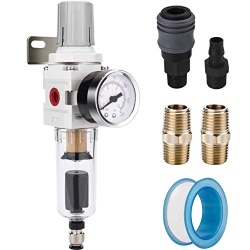 1/4" NPT Air Compressor Filter & Pressure Regulator Combo, Auto Drain | 5-micron brass element water/oil separator, poly bowl, auto drain, 20 SCFM, 0-150 psi gauge—for airbrush & air tools - size: 1/4" NPT, style: Auto Drain