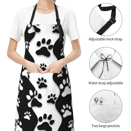 Art Apron with Pocket for Women Men | Kitchen Aprons Chef Apron for Cooking Baking BBQ Painting Gardening - color: Black White Dog Paws