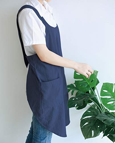 NEWGEM Japanese Cotton Linen Cross Back Cooking Apron for Women Men with Pockets Cute for Baking Kitchen - color: 03 - Women's Navy Blue