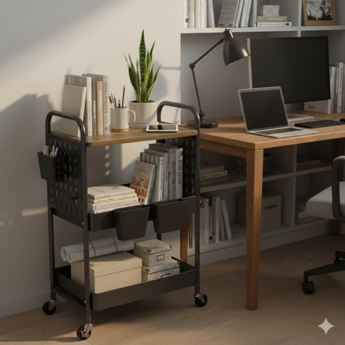 3 Tier Rolling Cart, Metal Storage Cart with Wooden Tabletop, Storage Cart with DIY Pegboards & Locked Wheels, Hooks & Hanging Cups for Any Room, Black - color: Black