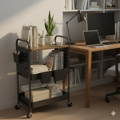 3 Tier Rolling Cart, Metal Storage Cart with Wooden Tabletop, Storage Cart with DIY Pegboards & Locked Wheels, Hooks & Hanging Cups for Any Room, Black - color: Black