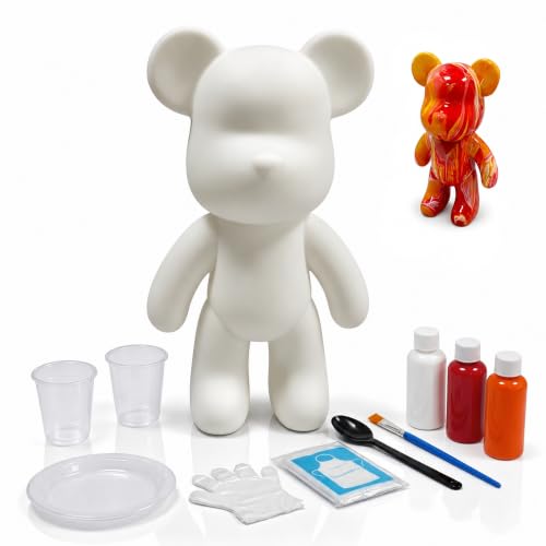 YONXID DIY Fluid Bear Painting Kit - Fluid Art Pour Paint Bear Set - Full Drip Paint Bears Kit with Spill Tray & Apron for Family Activity, Date Night, and Holiday Gifts, 9.05 Inches, Red+White+Orange - color: Red+White+Orange(Easy DIY)
