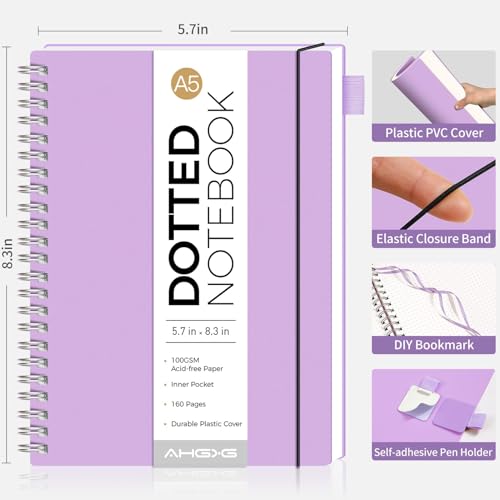 AHGXG Dotted Journal, Grid Spiral Notebook, 160 Pages, A5 (5.7" x 8.3") | 100 GSM Thick Dot Paper, Waterproof Plastic Cover Journals for Journaling, Sketching (Purple) - color: Purple, style: A5-Dotted