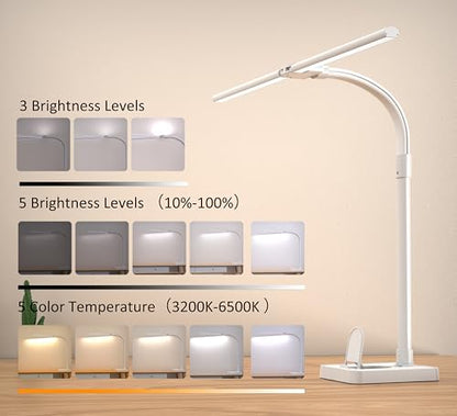 Double Head LED Desk Lamp, Architect Desk Lamps for Home Office, 24W Brightest Workbench Office Lighting-5 Color Modes and 5 Dimmable Eye Protection Modern Desk Lamp (White-Desktop, Big) - color: White-Desktop
