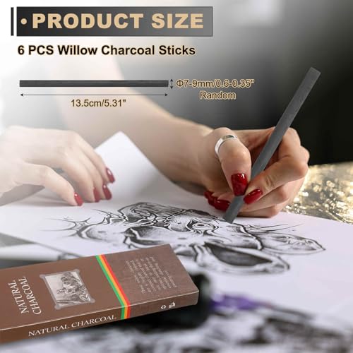 MECCANIXITY Willow Charcoal Sticks, 7-9 x 135mm Willow Charcoal Pencils Soft Sketch Vine Art Supplies Set for Drawing Sketching Shading Painting Artists Beginners (Black, Pack of 6) - size: 7-9 x 135mm