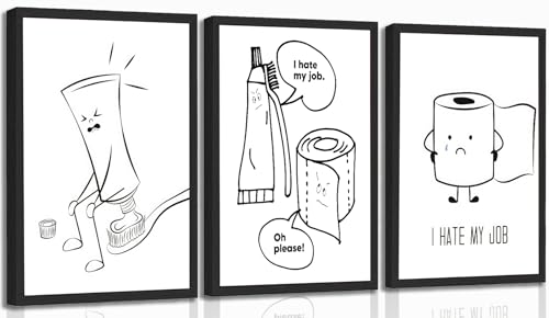 3Pcs Black White Bathroom Wall art Cute Funny Toothpaste Toothbrush Toilet Paper Pictures Wall Decor Humorous Cartoon Posters Prints Washroom Painting Canvas Decoration 12x16in Unframed - color: Toothbrush, size: 16"L x 12"W Poster