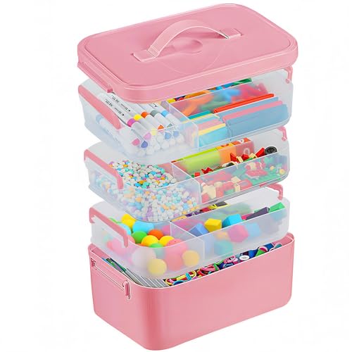 Gifhomfix 4-Layer Plastic Craft Organizers and Storage Box with Removable Trays, Storage Containers with lids and Handle, Art Supply Storage Organizer for Organizing Bead, Sewing, Tool（Pink） - color: Pink, size: 4 Layer-10.6 x 7.6 x 11 in