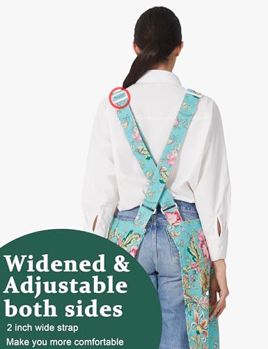 Cozy Adjustable Cross Back Aprons for Women with Pockets Cotton Linen Cooking Kitchen Baking - color: Noble Flowers