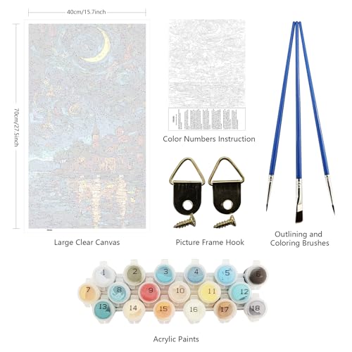 ARTGOTO Large Paint by Numbers for Adults Starry Night Village | 15.7x27.5inch/40x70cm Paint by Number Kit on Canvas, Crescent Moon Lake Reflection Acrylic Painting Set, No Frame - color: PBN060