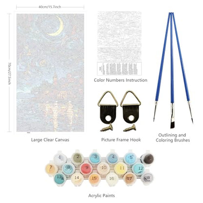 ARTGOTO Large Paint by Numbers for Adults Starry Night Village | 15.7x27.5inch/40x70cm Paint by Number Kit on Canvas, Crescent Moon Lake Reflection Acrylic Painting Set, No Frame - color: PBN060