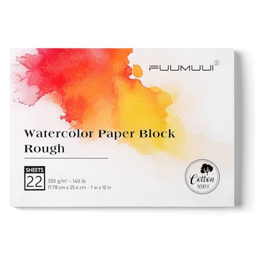Fuumuui 7×10 Watercolor Paper Block, Textured Rough 100% Cotton Watercolor Paper, 140lb/300gsm, 22 Sheets, Acid-Free, Art Paper for Painting & Drawing, Wet, Mixed Media, Rough Grain - color: Rough, size: 7“×10”