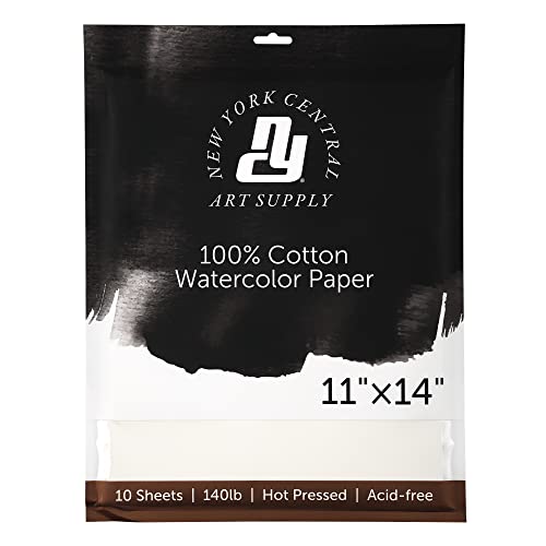 New York Central Watercolor Paper - 11x14-1 Pack of 10 Sheets, 140 lb. Hot Press - 100% Cotton, Acid-Free, Archival Quality, Bright White Watercolor Paper Pad for Wet & Dry Media - size: 11x14"