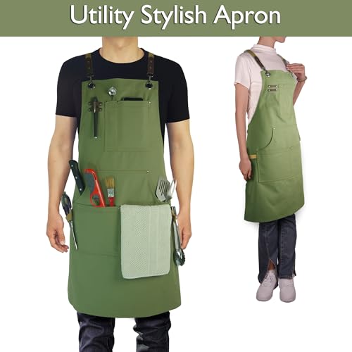 Kitchen Apron, Work Apron, Canvas Apron, Olive - color: Olive