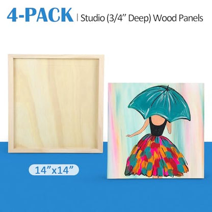 4 Pack 14x14’’ Unfinished Birch Wood Panels Kit for Painting | Studio 3/4’’ Deep Wooden Canvas, Cradle Boards for Acrylic Pouring, Art, Crafts, Epoxy Resin, Laser Engraving Cutting - size: 14'' x 14'' Studio