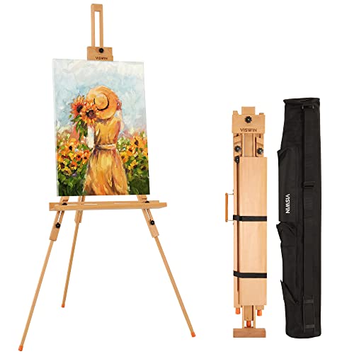 VISWIN Portable Easel for Painting with Bag, Tilting Flat & Adjustable Beech Wood Art Easel Stand, Holds Canvas up to 44", Tripod Field Easel for Adults, Artists, Beginners - Natural - color: Natural