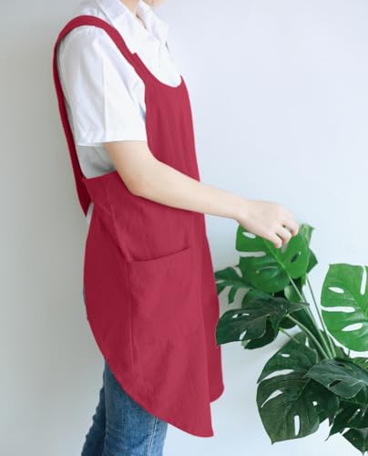 NEWGEM Japanese Cotton Linen Cross Back Cooking Apron for Women Men with Pockets Cute for Baking Kitchen - color: 05 - Women's Dark Red