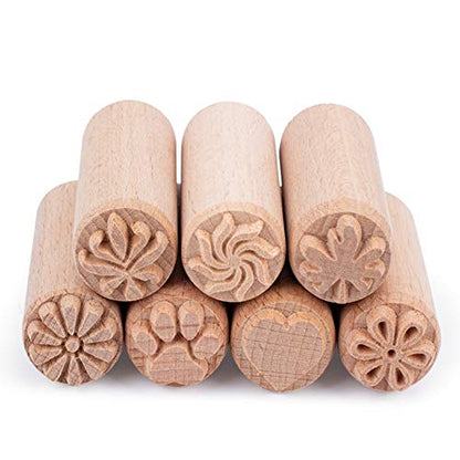 OLYCRAFT 7PCS 2x0.8 Inch Wood Pottery Tools Stamps Polymer Clay Stamp Column Wooden Stamps Round Pottery Stamp with Mixed Patterns for Clay and Ceramic