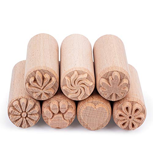 OLYCRAFT 7PCS 2x0.8 Inch Wood Pottery Tools Stamps Polymer Clay Stamp Column Wooden Stamps Round Pottery Stamp with Mixed Patterns for Clay and Ceramic