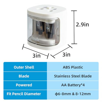 tenwin Electric Pencil Sharpener, Dual-Hole Fit for 6-12mm Pencils - color: White