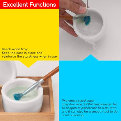 MEEDEN 2 Pack Porcelain Palette Cup: Deep Well Oil Paint Dipper | Ceramic Palette with Lid, Oil Painting Cup, Artists Paint Water Cup, Brush Wash Bowl with Beech Wood Tray - size: Not Available | 2 Wells