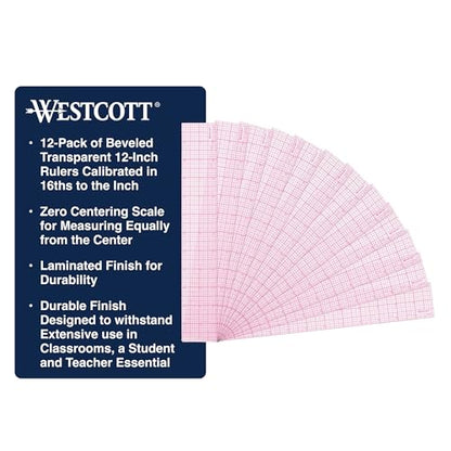 Westcott 8ths Graph Transparent Beveled Edge Ruler, Zero Centering Scale, Durable Laminated Finish,12-Inch, Office, Drafting, Sewing, Engineering, School Supplies (Pack of 144) - size: 144-Pack