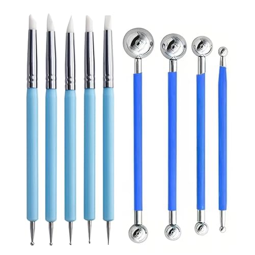 9Pcs Clay Sculpting Tool Set, Blue Dual-Ended Silicone Clay Brushes & Ball Stylus Tools, Professional Polymer Clay Kit for Sculpting, Texturing & Detailing, Ideal for Pottery, Ceramic & DIY Crafts - color: 9Pcs