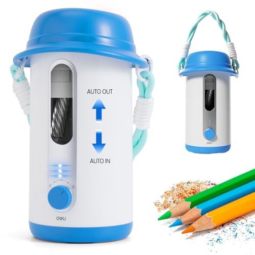 deli Electric Pencil Sharpener, Fully Automatic Pencil Sharpener,Blue | for 6.9-10.8mm Colored/Jumbo Pencils, Auto in & Out,Rechargeable Hands-Free Sharpener for Home/Office, Low Noise - color: Blue