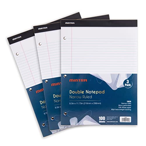 Mintra Office White Legal Pads – Ruled Notepads and Micro-Perforated Sheets, Ideal for Writing, Note-Taking & Creativity, Office, or Professional Use, Double Pad 3 pack, 8.5"x11" (Narrow Ruled) - color: White - Double Pad, size: Narrow