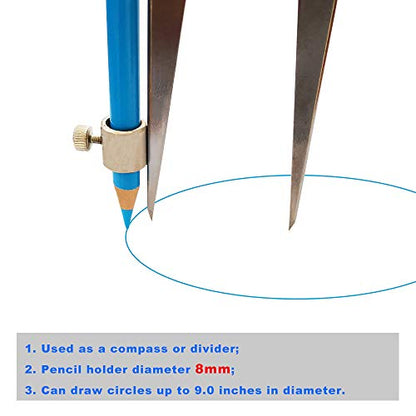 4 inch Woodworking Compass with Pencil Holder, Precision Spring Divider/Scriber, Metal Compass for Leather Work Metalworking