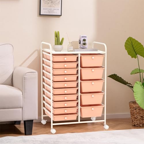 DREAMADE Rolling Cart with 15 Drawers, Rolling Drawer Organizer Cart w/Lockable Wheels, Removable & 2-Sized Storage Drawers, Art Cart for School Home Art Supplies Crafts File Scrapbook - color: Peach, size: 25"L x 14.5"W x 34.5"H