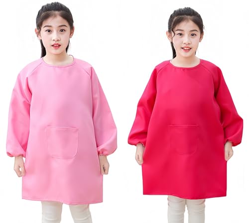 Lauthen.S 2 Pack Kids Art Smocks, Long Sleeve Artist Painting Aprons - color: Hot Pink + Pink, size: M(4-8 Years)