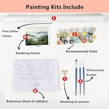 TFIAVSIN Paint by Numbers for Adults Foggy Mountain Landscape Painting by Numbers for Adults Pine Trees and Birds Adult Paint by Number Kits Unique Gift for Adults, 16"x20"(Frameless)