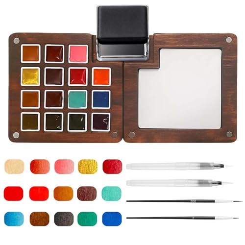 Mini Watercolor Paint Set - 15 Color Travel Watercolor Palette Set - Portable Water Color Paint Set with Binder Clips, Watercolor Brush Pens, Wooden Box for Beginners Painters Artists Student - color: Yellow 15 Colors without Sketchbook