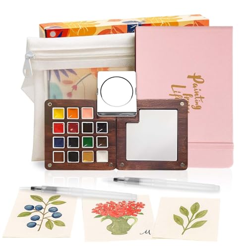 Mini Watercolor Paint Set - 15 Color Travel Watercolor Kit, Pocket Watercolor Paint Palette Set with Watercolor Book, Binder Clips, Pens, Storage Bag, Wooden Paint Box for Painters Artists Student - color: Pink