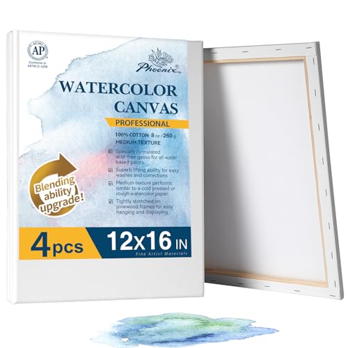 PHOENIX Professional Stretched Watercolor Canvas - 12x16 Inch/4 Pack, 100% Cotton Water Color Canvases for Painting, 8 Oz. / 260g White Blank Medium Texture Canvas for Water Based Paints - size: 12"x16", style: Framed Canvas