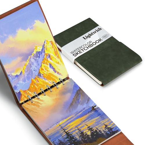 Lightwish Watercolor Sketchbook,100% Cotton 300gsm/140lb Watercolor Journal, Acid Free Hot Press Watercolor Paper for Artists,Adults,Students,20 Sheets,Paper 5.8 * 8.2 Inches - color: Green