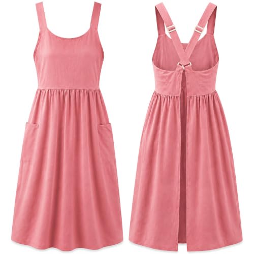 Uaussi Cotton Linen Apron Cross Back Work Apron for Women with Pockets Pinafore Dress X Cross Halter Apron for Chef Gardening - color: Pink