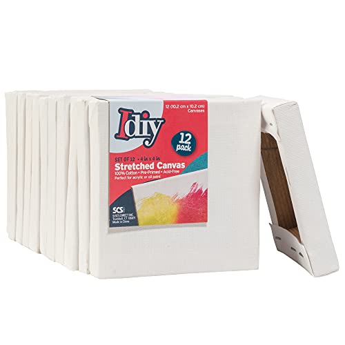iDIY Stretched Canvas Board 4 x 4 (Set of 12) 5/8" - Classic White Blank, Pre Primed for Oils or Acrylics, 100% Cotton, Acid Free - Professional Grade for Painting or Art Project, Craft, Mixed Media - size: 4 x 4 inches (set of 12)