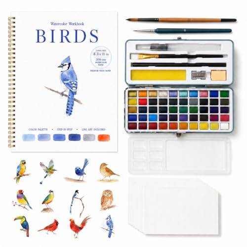 Drawmend Watercolor Paint Set & Workbook for Beginners, 50 Colors, 4 Brushes, 12 Step-by-Step Projects, 300 GSM Paper, 11 x 8.3 in Lay-Flat Book for Adults,Creative Art Gift (Birds, with Palette) - color: Birds, size: With Palette