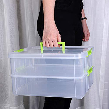 JUXYES 2-Tiers Plastic Stack Carry Storage Containers Box wih Handle Lids - color: Green