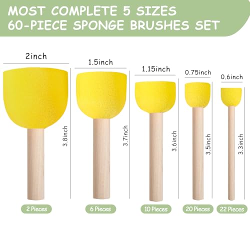60 Pcs Round Paint Sponges Set, 5 Sizes Sponge Brushes for Painting | Sponge Paint Brushes for Acrylic Painting, Wooden Handle Craft Sponges for DIY, Crafts and Kids Arts - style: 60 Pcs Yellow