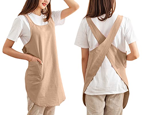 Cotton Cross Back Aprons Solid Color Cooking Kitchen Garden Smock for Women Girls with Pockets - color: Brown