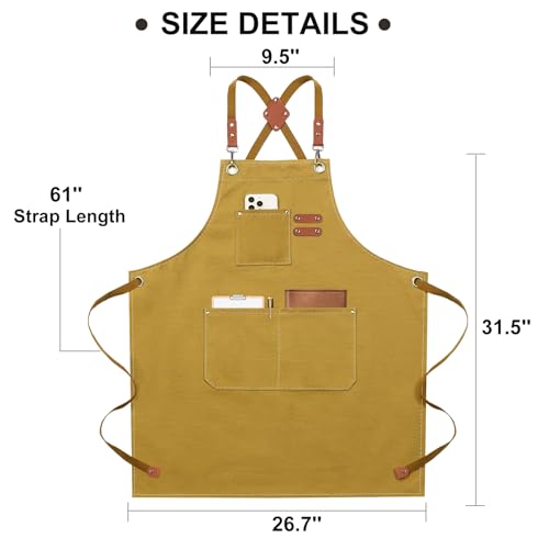 ZOMAO Chef Apron for Women Men with Large Pockets, Cotton Canvas Cross Back Waterproof Work Aprons for Kitchen Cooking Bib - color: Brown