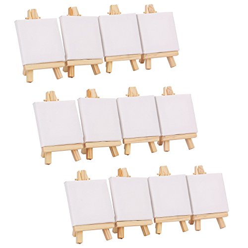 Tosnail 12 Packs Mini Canvas and Easel Set, Art Easel Stand with Canvas Set Tabletop Wooden Display Stand and Canvas Panels for Artist, Students, Adults, Kids Painting
