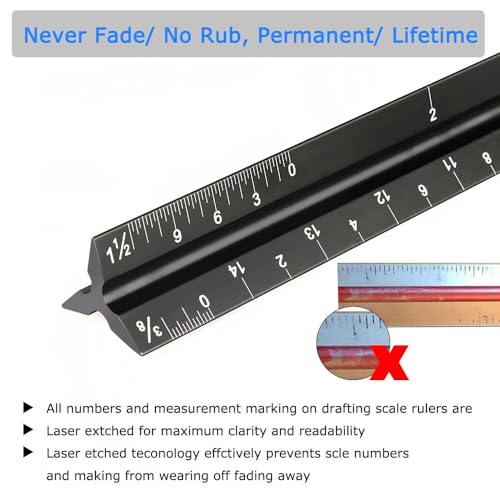 Architectural Scale Ruler 12 Inch, Aluminum Triangular Drafting Ruler | Laser-etched imperial scales for blueprints, floor plans, drafting, engineering and construction drawings.