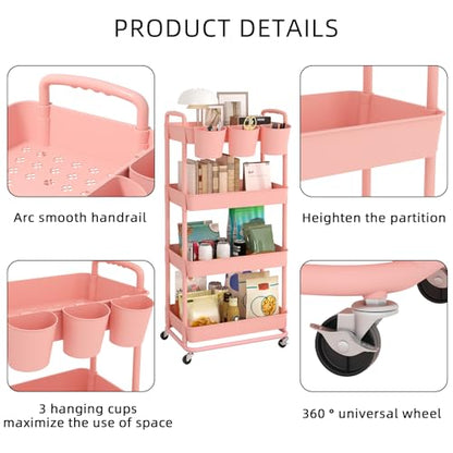 4-Tier Plastic Rolling Storage Cart Utility Cart with Extra Hanging Cups Handles Lockable Wheels for Living Room Bathroom Kitchen Office Pink | Utility Cart with Extra Hanging Cups Arc-Shaped Handles Lockable Wheels for Living Room Bathroom Kitchen Office